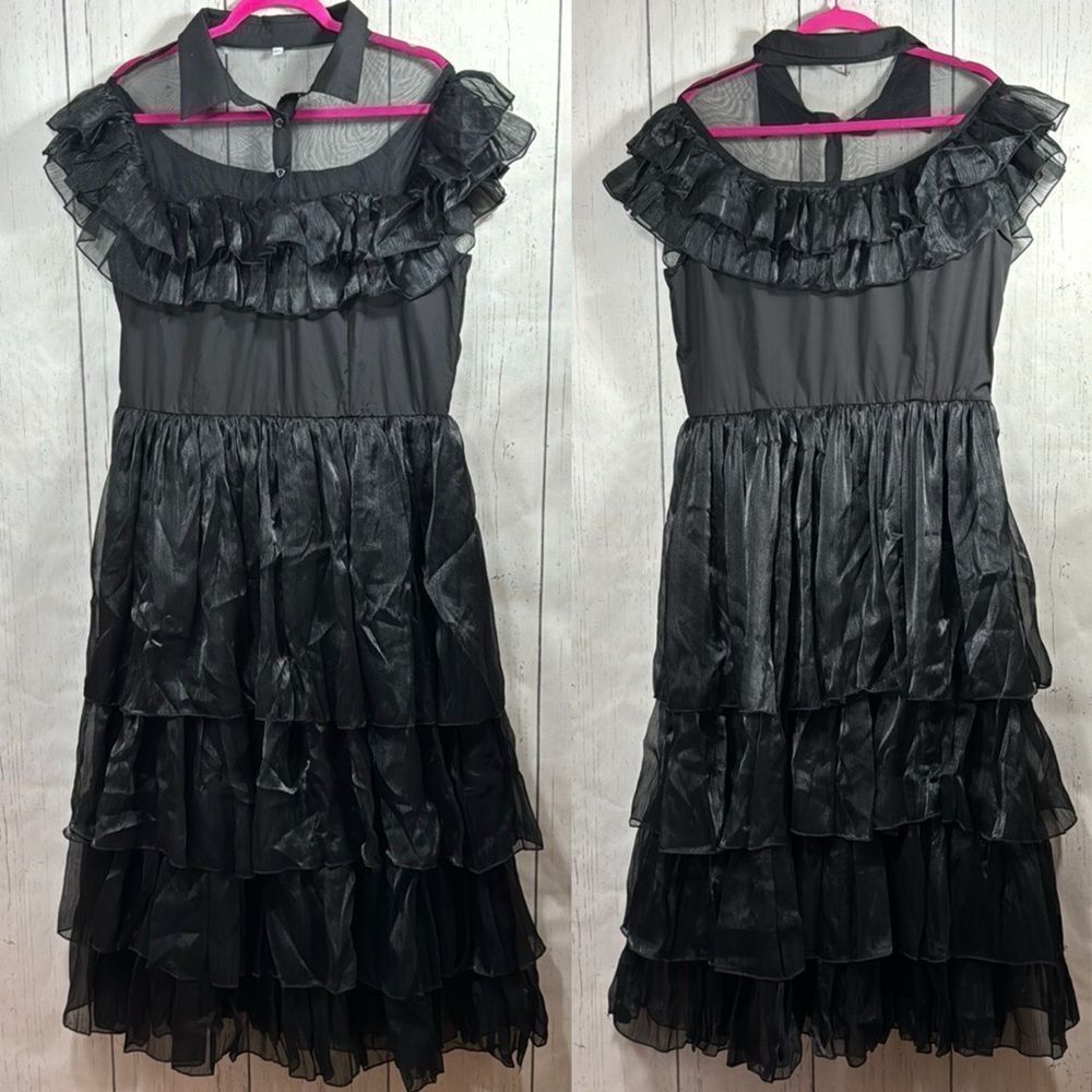 Whimsigoth Sheer Black Ruffle Tiered Dress Gothic Romance Partycore Victorian
